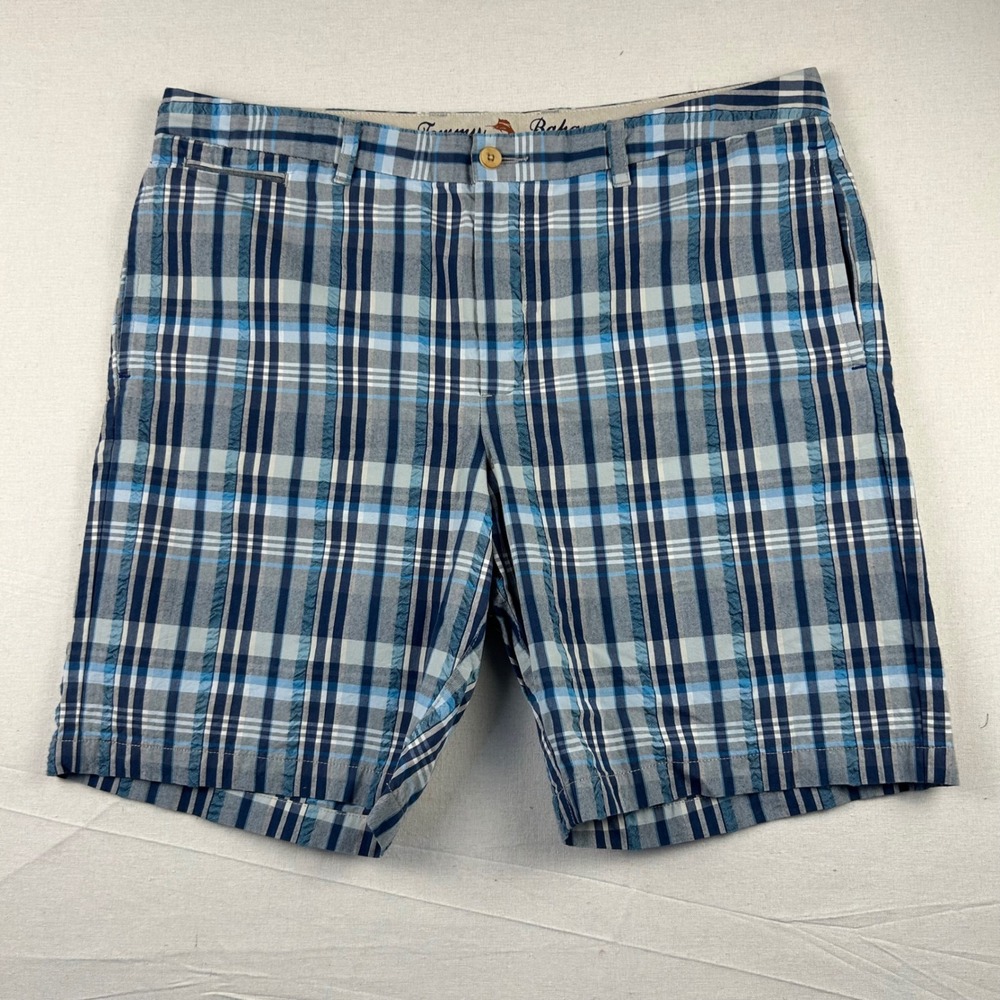 Tommy Bahama Mens Blue Plaid Cotton Flat Front Shorts Size 40 Seersucker Texture